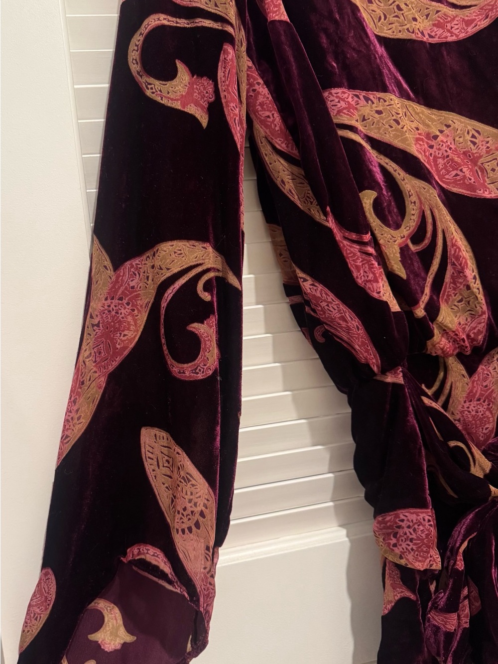 Retrofete Burgundy Velvet Paisley Tie-Waist Long Sleeve Dress - Picture 6 of 12
